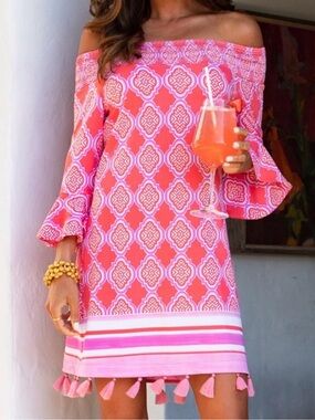 Cabana Life Pink & Coral Off-Shoulder Tassel Hem Mini Dress, Size Large
